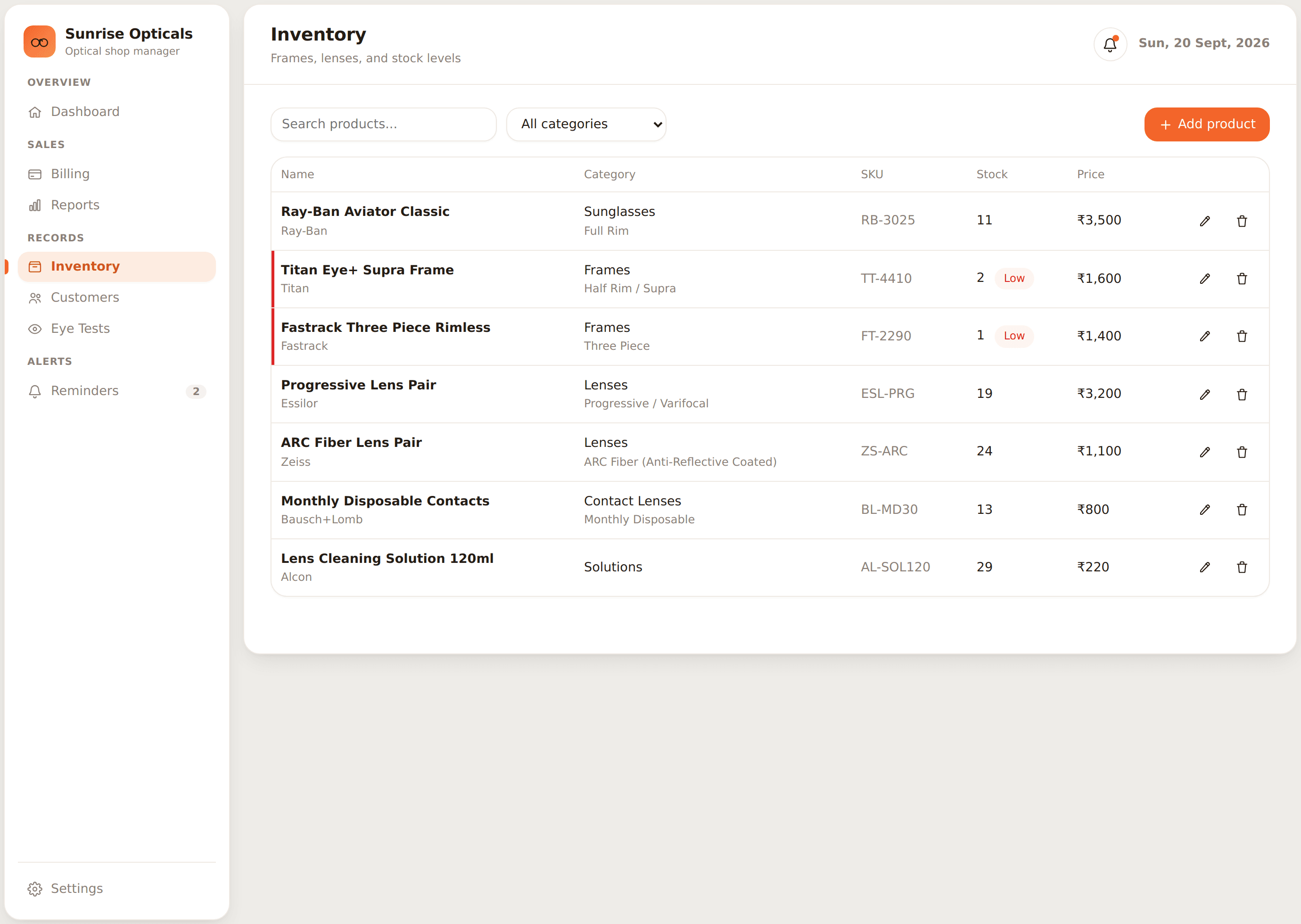 OptiCare inventory screen showing frames, lenses, and stock levels with low stock alerts